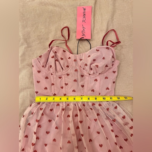 Betsey Johnson Sequin-Heart Bustier Dress. Metallic Heart Print Mesh Midi Dress - Picture 5 of 7